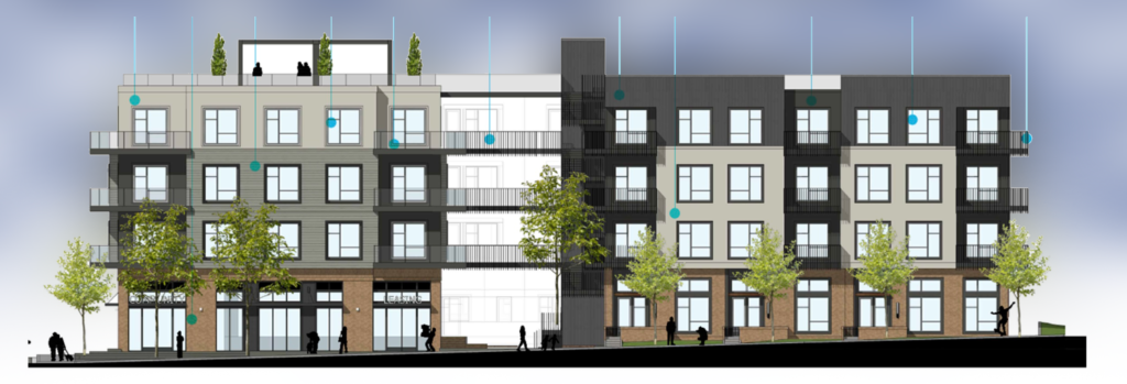 Architectural rendering of proposed apartments at Front & Kalorama. Modern style, flat roof